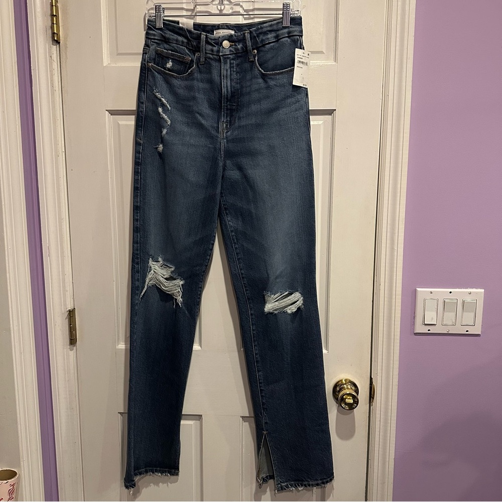 Good American Good Boy Jeans – Size 4/27 – High Rise • Ripped Knees • Raw Hem